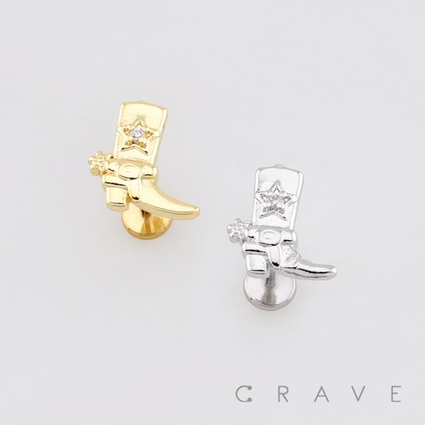 CZ COWBOY BOOT 3D TOP PUSHIN (THREADLESS) 316L SURGICAL STEEL LABRET SET CZ COWBOY BOOT 3D TOP PUSHIN (THREADLESS) 316L SURGICAL STEEL LABRET SET